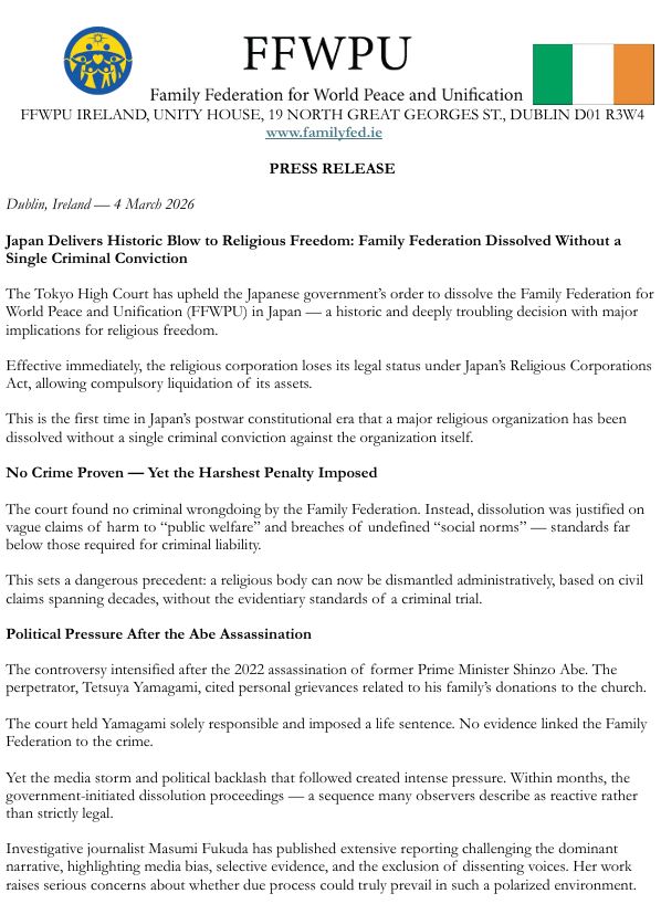 Statement from FFWPU Ireland � Part 1